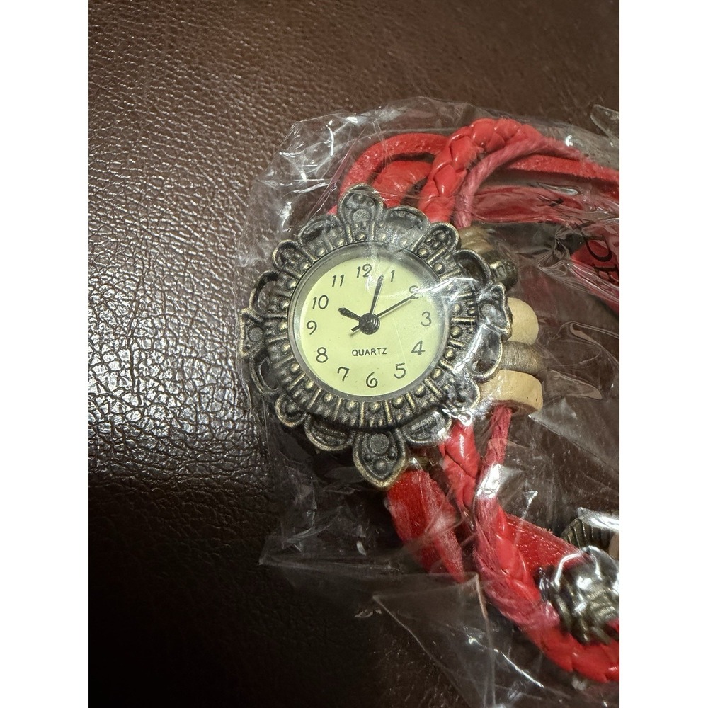 Unbranded Red Leather Wrap Bracelet Watch‎ Bronze Flower Case Wing Charm Quartz